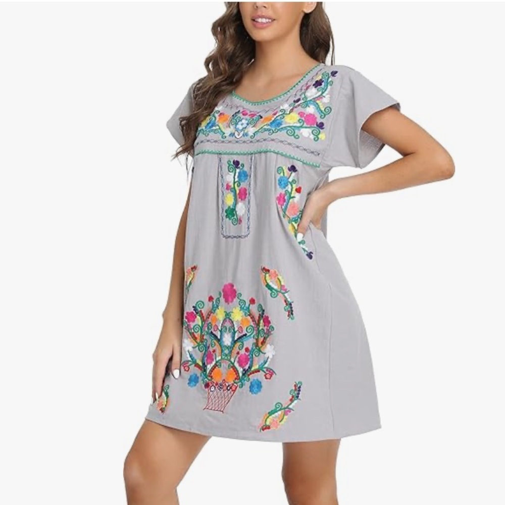 YZXDORWJ Women Mexican Embroidered Floral Dress Short Sleeve Size 2XL - Picture 2 of 15
